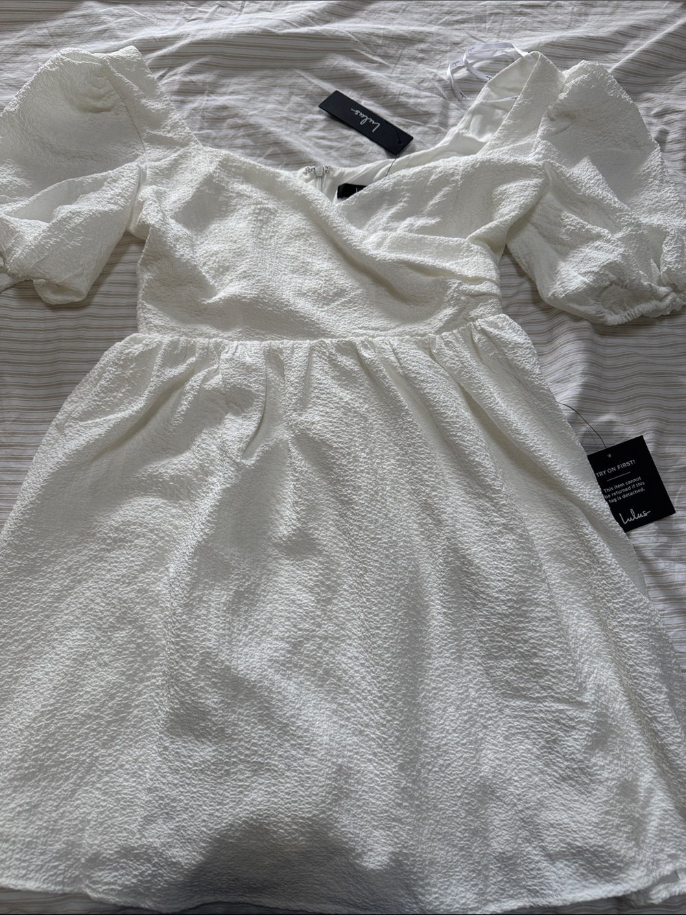 Lulu's White Textured Puff Sleeve Mini Dress